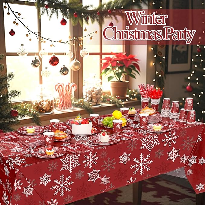 452 Pcs Christmas Snowflake Party Supplies for 50 Guests, Red White and Sliver Snowflake Paper Plates and Napkins Cups Tablecloth Cutlery Straws for Winter Xmas Birthday Party Decoration