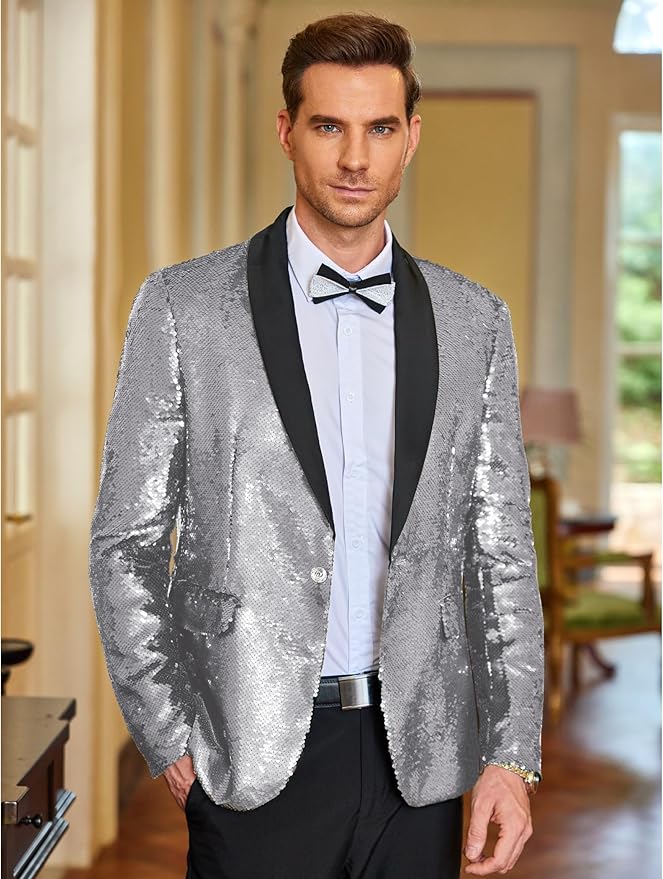 COOFANDY Mens Shiny Sequin Blazer Tuxedo Party Dinner Prom One Button Suit Jacket