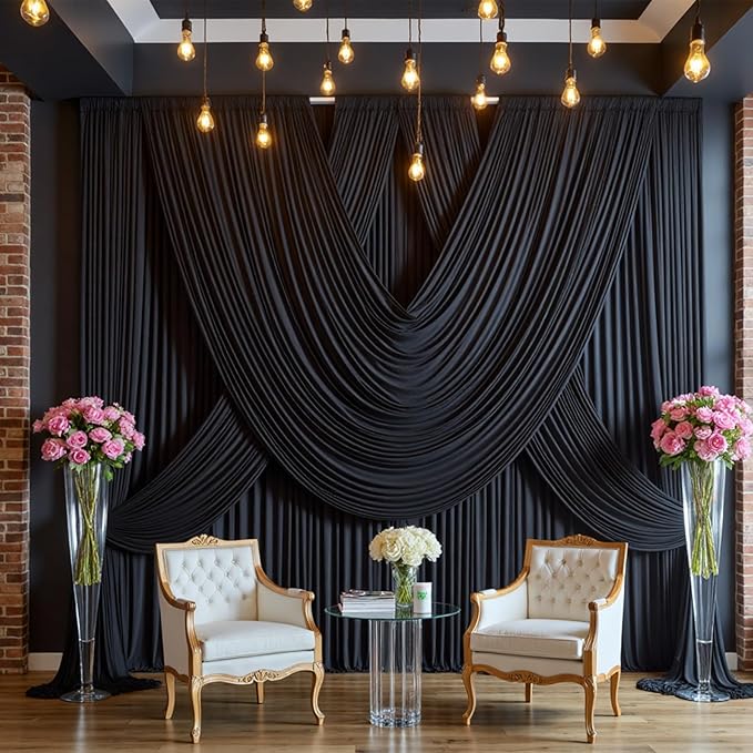 50ft x 8ft Wrinkle Free Black Backdrop Curtain for Parties Weddings, 10 Panels Silk Polyester Black Drapes for Backdrop 10 ft Photo Back Drop Cloth for Birthday Graduation Photography Background