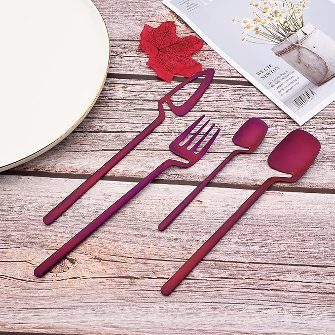 JASHII Silverware Set 24-Piece Stainless Steel Flatware Kitchen Utensil Service for 6 - Tableware Cutlery Dishwasher Safe (Matte Purple, Satin Finish)