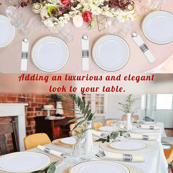 100 Pack Pre Rolled Silver Plastic Silverware Set,Wrapped Plastic Cutlery Set with Napkin Include 100 Forks,100 Spoons,100 Knives and 100 White Napkins for Party, Wedding,showers,Christmas