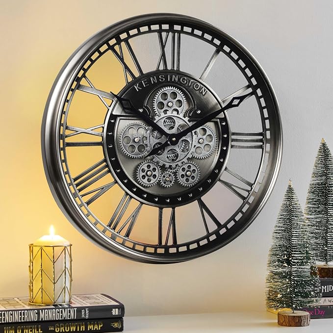 CLXEAST 21 Inch Modern Moving Gears Wall Clock for Living Room Decor,Industrial Steampunk Clocks for Farmhouse Home Decor,Roman Numerals,Gunmetal Nickel Finish