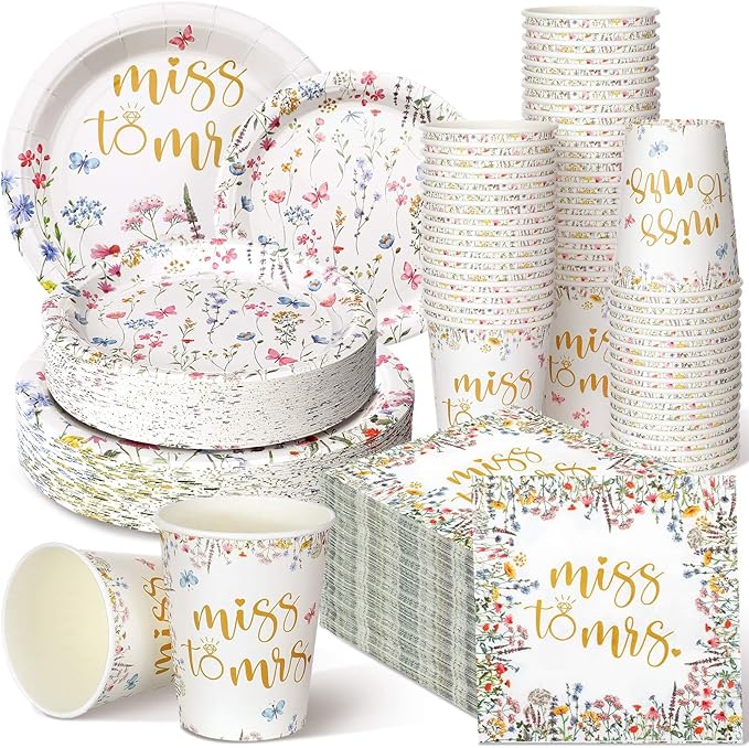 Zhehao 250 Pcs Miss to Mrs. Bridal Shower Plates Napkins Sets 50 Pcs 9'' Dinner Plates and 7'' Dessert Plate and 9oz Cups 100 Napkins Serves 50 Party Supplies Bridal Shower Engagement Decoration