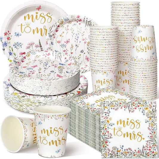Zhehao 250 Pcs Miss to Mrs. Bridal Shower Plates Napkins Sets 50 Pcs 9'' Dinner Plates and 7'' Dessert Plate and 9oz Cups 100 Napkins Serves 50 Party Supplies Bridal Shower Engagement Decoration