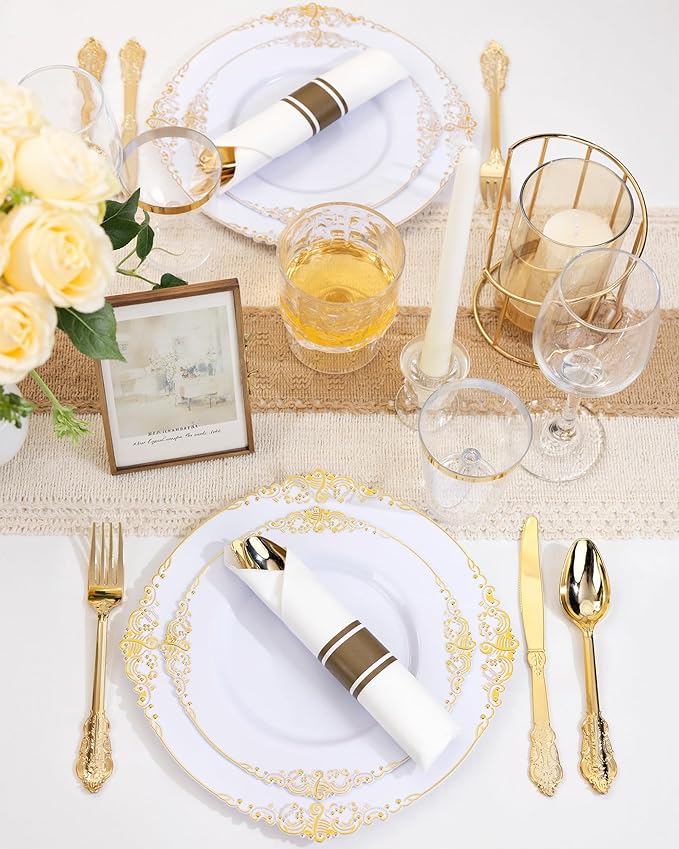Nervure 350PCS Gold Plastic Plates - Gold Plastic Dinnerware Sets for 50 Guests - 100 Disposable Plates, 150 Silverware, 50 Cups, 50 Napkins for Wedding & Party