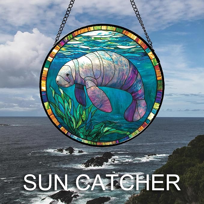 Stained Glass Window Hanging Blue Ocean Seaweed Manatee Large 15" - Suncatcher Door Garden Sunroom Sun Catcher Home Decor Birthday Christmas for Mom Men Woman Nana