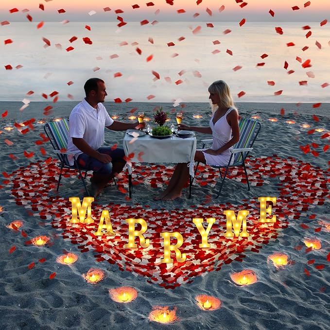 Fumete 4080 Pcs Marry Me Sign Proposal Decorations Lighted Marry Me Letters with 72 Pcs Romantic Heart Candles 4000 Pcs Rose Petals USB Romantic Night Light for Valentine Engagement Wedding(Yellow)
