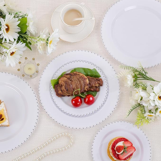 supernal 100pcs Silver Plastic Plates - Heavy Duty Elegant White Disposable Plates with Silver Beads Set Include 50 Plastic Dinner Plate and 50 Dessert Plate Perfect for Wedding, Birthday & Party