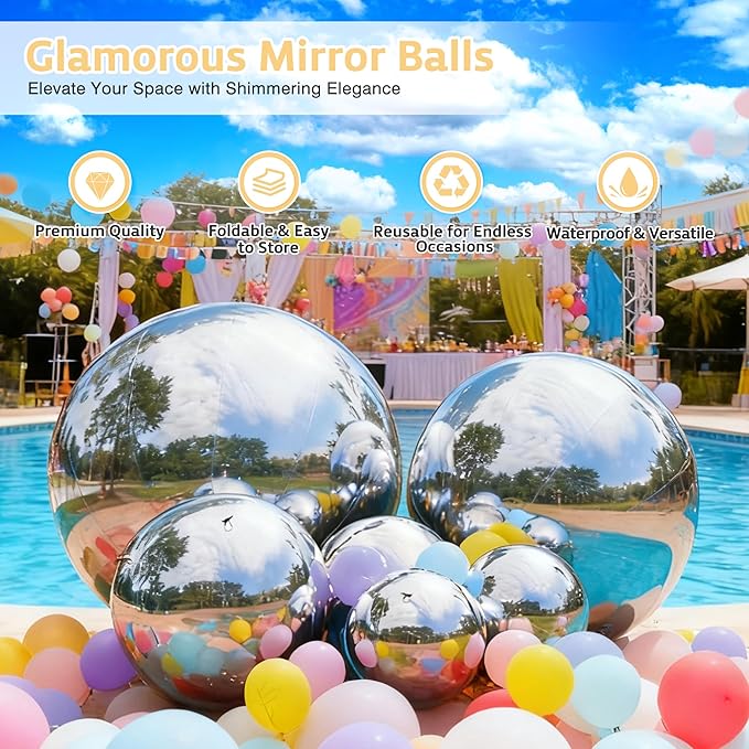 Inflatable Mirror Ball 6PCS Big Silver Shiny Balls Large Hanging & Standing PVC Disco Bubble Balloon with Electric Pump For Christmas, Birthday, Party, Wedding, Decoration, Other Events