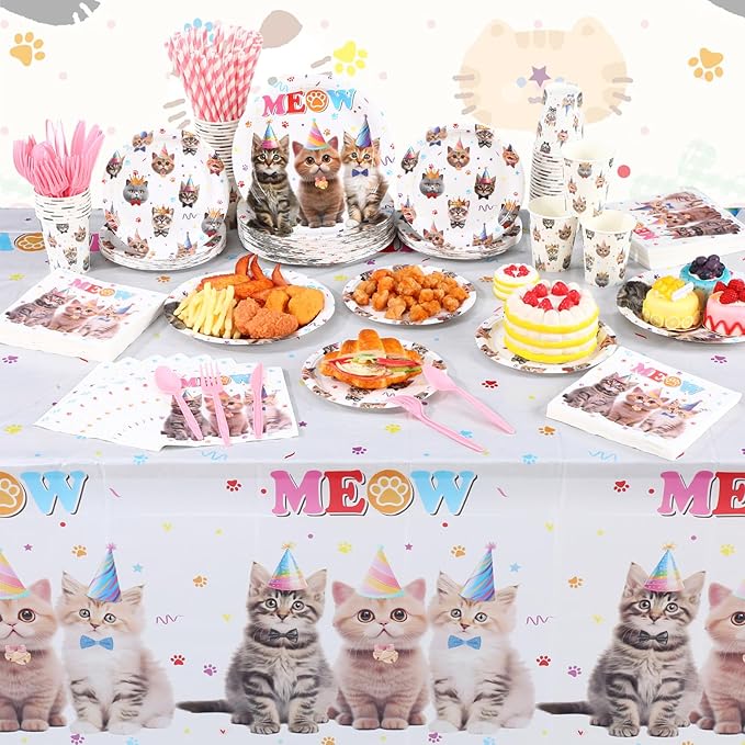 452 Pcs Cat Birthday Party Decorations for 50 Guests, Cat Paper Plates Napkins Cups Tablecloth Cutlery Straws Disposable Tableware Set for Kitten Lover Birthday Party Supplies