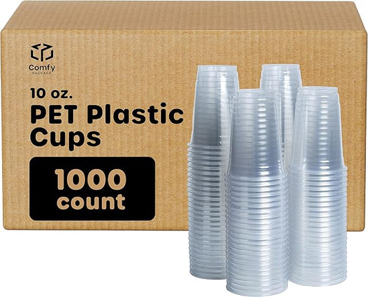 Comfy Package [Case of 1,000 10 oz. Crystal PET Clear Plastic Cups for Party - Ideal for Cold Beverages, Smoothies, and Parties