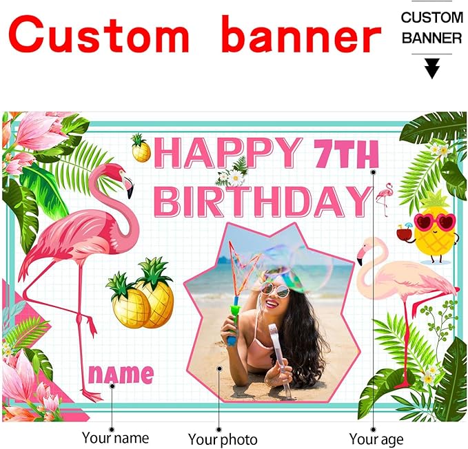 Custom Flamingo Hawaiian Tropical Happy Birthday Party Decorations Supplies Personalized Flamingo Hawaiian Tropical Birthday Luau Party Backdrop Banner(6x9ft)