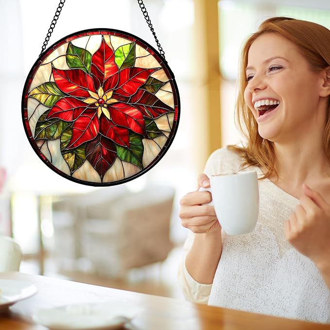Stained Glass Window Hanging - Red Poinsettia Birth Flowers Suncatcher for Door Garden Yard Sun Catchers Decor Christmas Mother's Day Birthday Gifts for Women Mom Nana Teacher Friend 15 in