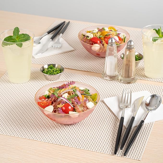 Restaurantware Plastic Bowls 100 Pcs 16 oz Gold Rimmed Disposable Soup Bowls Heavy-Duty Pink Translucent Rippled Dinnerware Containers for Party, Desserts, Salads, Snacks, and Catering