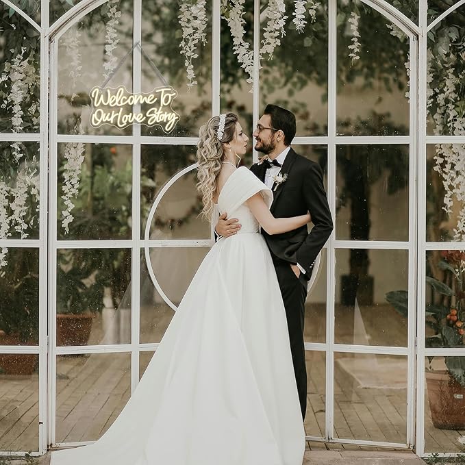 Wedding Neon Sign Welcome to Our Love Story Neon Signs for Wall Decor Warm White Led Lights Couple Light Up for Wedding Bedroom Home Anniversary Party Decoration Lover Gifts