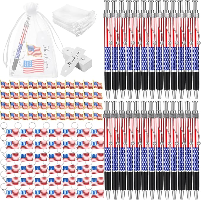 Qilery 400 Pcs American Flag Lapel Pins Ballpoint Pen Patriotic Flag Keychains Thank You Card Organza Gift Bag for Home Office Party Supplies