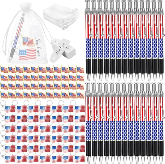 Qilery 400 Pcs American Flag Lapel Pins Ballpoint Pen Patriotic Flag Keychains Thank You Card Organza Gift Bag for Home Office Party Supplies