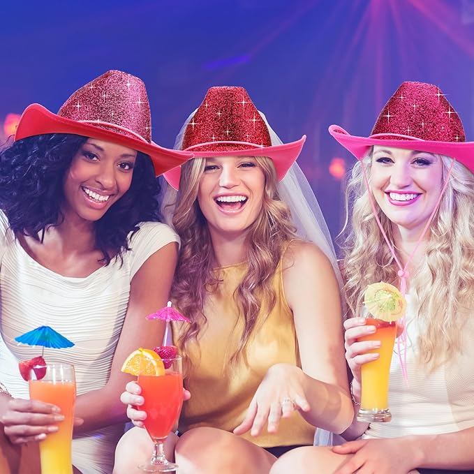 Coume 12 Pcs Sparkly Adults Cowboy Hat and Bandanas Women Men Western Glitter Cowgirl Party Hats with Adjustable Drawstring