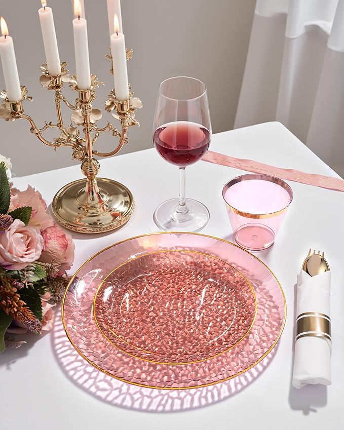 Hioasis 175PCS Clear Burgundy Plastic Plates - Hammered Disposable Dinnerware Set for Party Includes 25 Dinner Tableware, 25 Dessert Tableware,25 Cups,25 Rolled Napkin Cutlery Perfect for Party