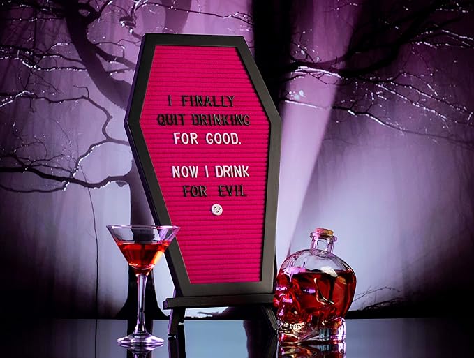 Coffin Letter Board Pink With Spooky Emojis +500 Characters, and Wooden Stand - 17x10.5 Inches - Gothic Halloween Decor Spooky Gifts Decorations