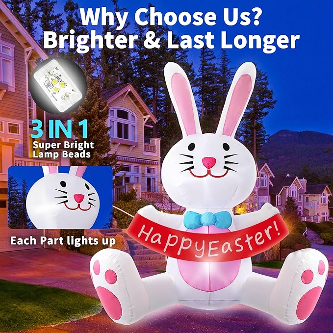 5FT Easter Inflatables Outdoor Decorations Easter Bunny Holds Banner with LED Lights Blow Ups Decor for Yard Outside Indoor Party Home Garden Lawn Holiday
