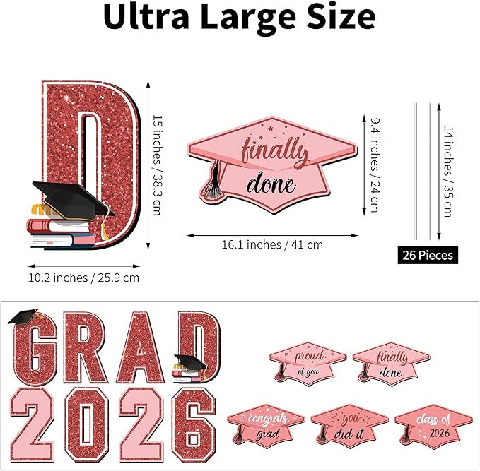 Aneco Waterproof 2026 Grad Yard Signs Plastic Graduation Yard Signs Party Outdoor Lawn Decorations 16 Inches Glitter Congrats Grad Lawn Sign with Stakes for Outdoor Party Garden Decor (Rose Gold)