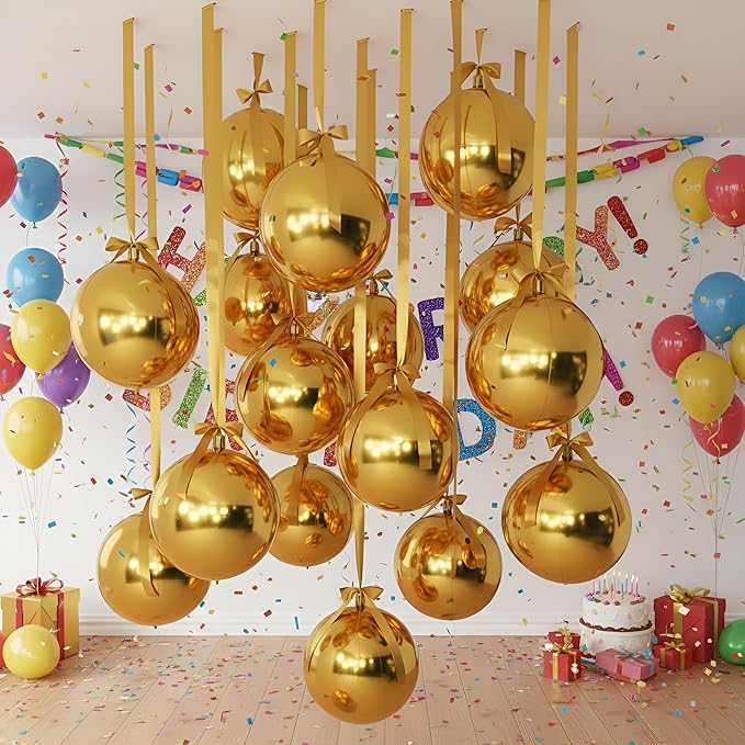 Jenaai 30 Set Round Foil Balloons Bulk 22 Inch 4d Metallic Giant Balloons Set with Satin Bows Ribbon for Ceiling Holiday Ornaments New Year Birthday Wedding Party Decoration(Gold)