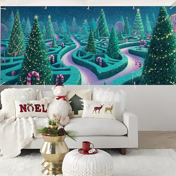 Christmas Maze with Trees Garage Door Banner 7x16FT, Winter Wonderland Holiday Scene, Outdoor Xmas Decoration for Garage Doors, Large Garage Cover for Christma