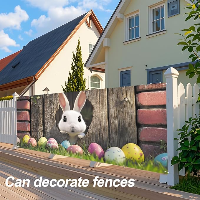 Easter Bunny Peeking Through Fence Garage Door Banner 7x16FT, Cute Bunny & Colorful Eggs, Outdoor Spring Decoration for Easter & Holiday Season