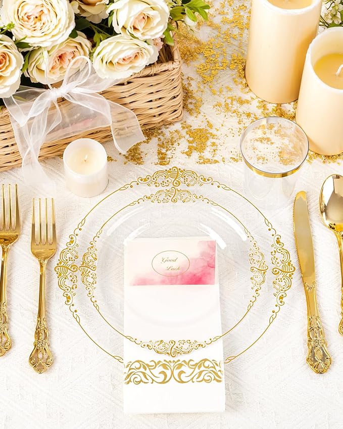 YOUBET 700PCS Clear Gold Plastic Plates - Elegant Gold Plastic Dinnerware Set Include 200 Disposable Plates, 300 Heavy Duty Silverware, 100 Cups, 100 Napkins for Wedding Party