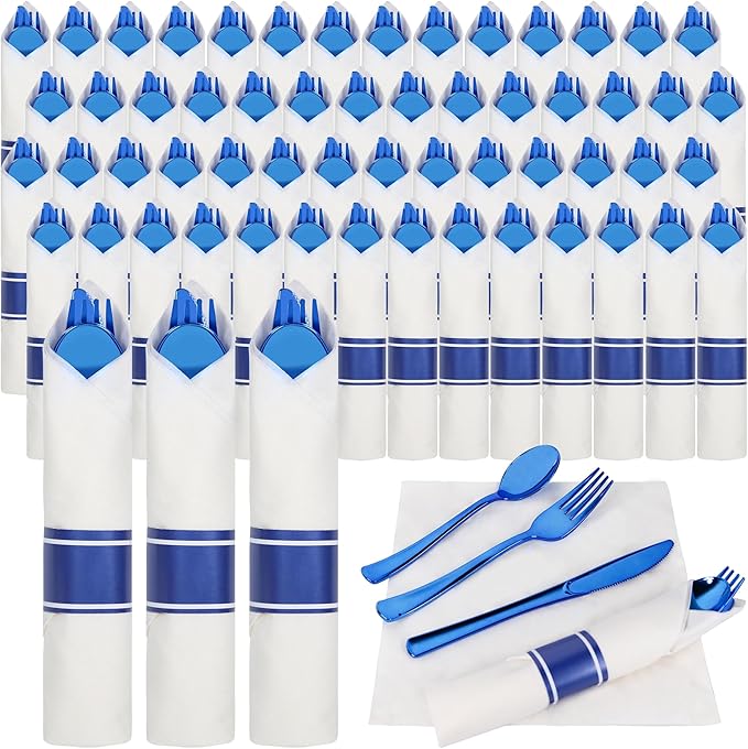 800 PCS Pre Rolled Napkin and Cutlery Set, Premium Blue Plastic Flatware Sets Wrapped in Napkin, Disposable Cutlery Set with 200 Forks, 200 Knives, 200 Spoons, 200 Napkins for Wedding, Party，Dinner