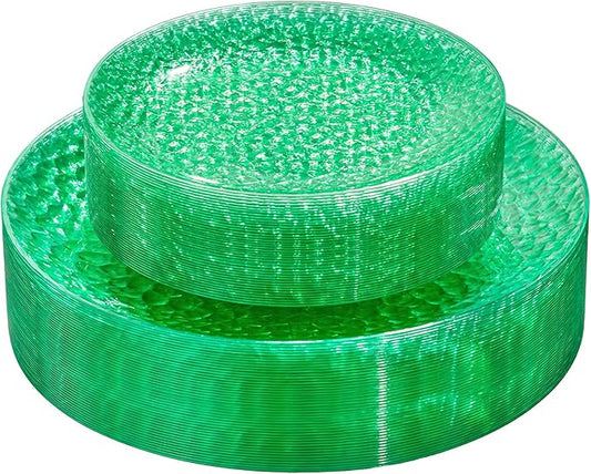 Rubtlamp 60Pcs Green Plastic Plates, Heavy Duty Disposable Plates With Hammered Design, Green Party Disposable Plate Include 30 Dinner Plate, 30 Salad Platos, Fancy Plastic Platos