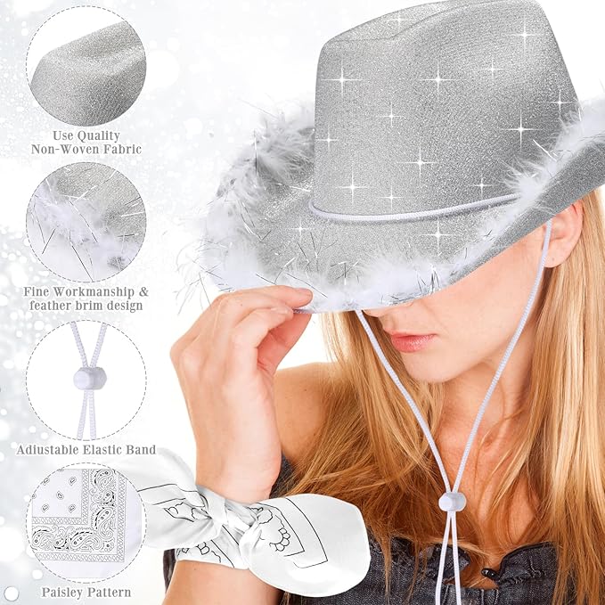 Coume 12 Pcs Sparkly Adults Cowboy Hat and Bandanas Women Men Western Glitter Cowgirl Party Hats with Adjustable Drawstring