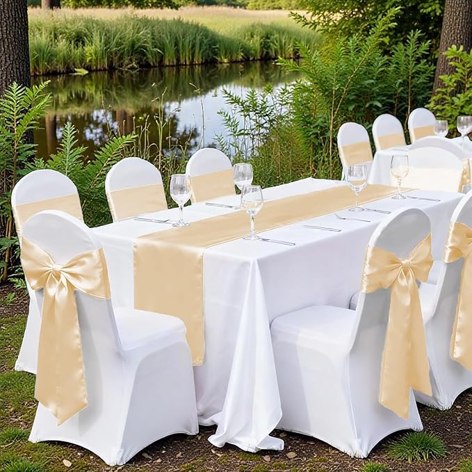 VDS Satin Chair Sashes Chair Cover Back Tie Sateen Bows Ribbon for Wedding Birthday Graduation Engagement Ceremony Event Party Banquet Venue Hotel All Dining Chair Decoration (100PC) (Cream)