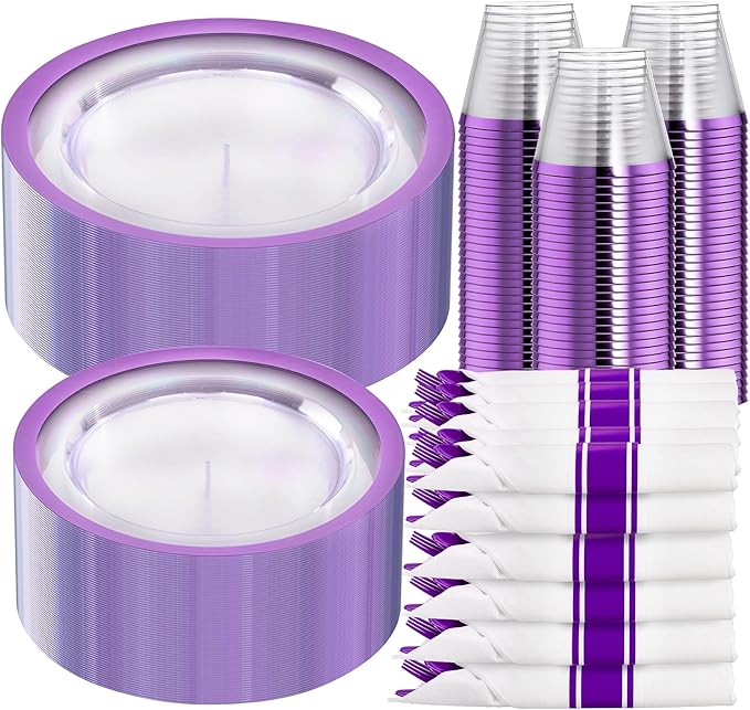 I00000 210 Pcs Clear Purple Plates for 30 Guests, Purple Dinnerware Include 60 Plates, 30 Cups, 30 Pre Rolled Napkins with Cutlery Set for Party and Wedding