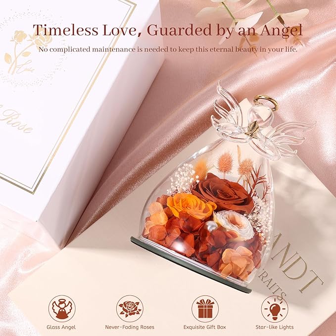 Birthday Gifts for Women Mom Preserved Roses in Glass Angel Figurines Fresh Flowers for Delivery Forever Flowers Eternal Rose Valentines Day for Grandma Sister Wife from Daughter