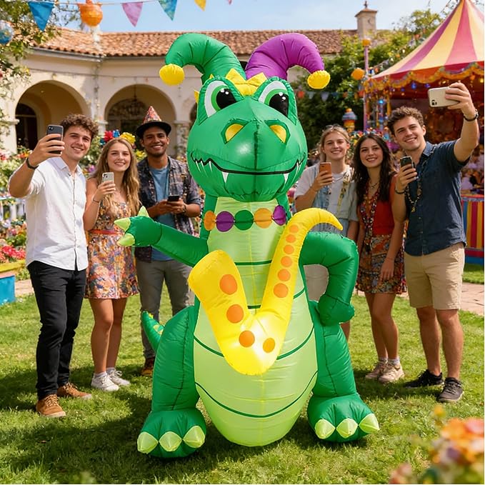 VIHOSE 5.5 FT Mardi Gras Inflatable Decoration Large Blow Up Alligator with Saxophone Necklace and Jester Hat Built in LED Lights for Mardi Gras Yard Garden Outdoor Decoration