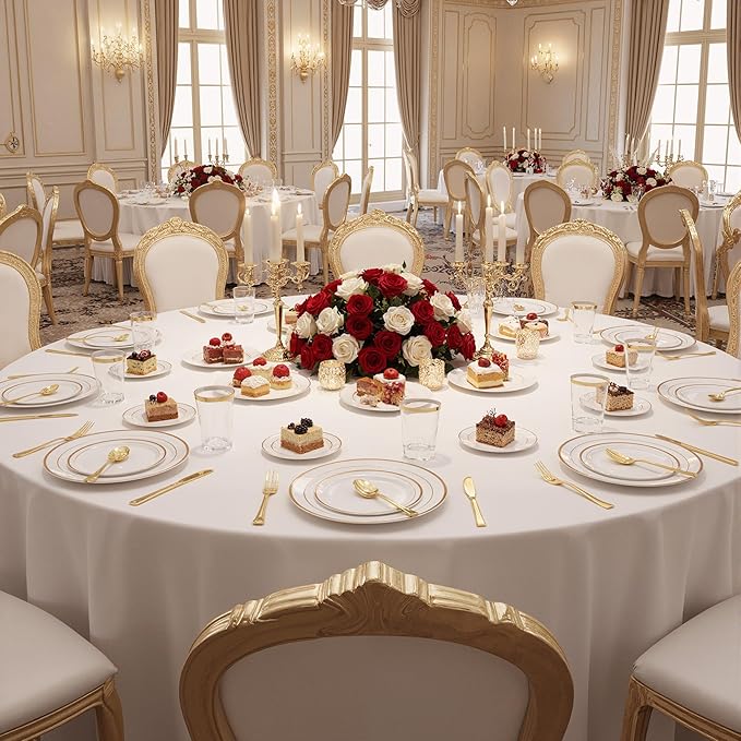 350 Pieces Rose Gold Disposable Plates for 50 Guests, Disposable Plastic Plates, Dinnerware Set of 50 Dinner Plates, 50 Salad Plates,50 Cups and 50 Paper Napkins for New Year Party, Weddin