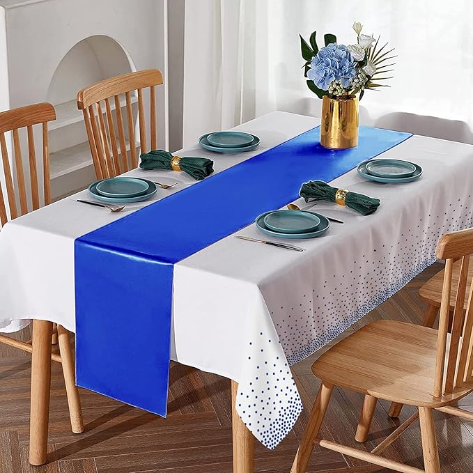 16Pack Disposable Plastic Tablecloths and Satin Table Runner Set White and Blue Dot Tablecloth Blue Satin Table Runner for Wedding Birthday Baby Shower Anniversary Christmas New Year Party Supplies