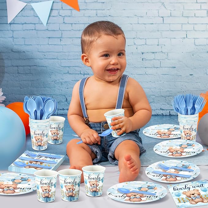 Dandat 350 Pcs Baby Shower Plates Set Baby Shower Party Supplies Serves 50 Tableware Sets Include Plates Napkin Cup Forks Knives Spoons Disposable Dinnerware(Bear,Blue)