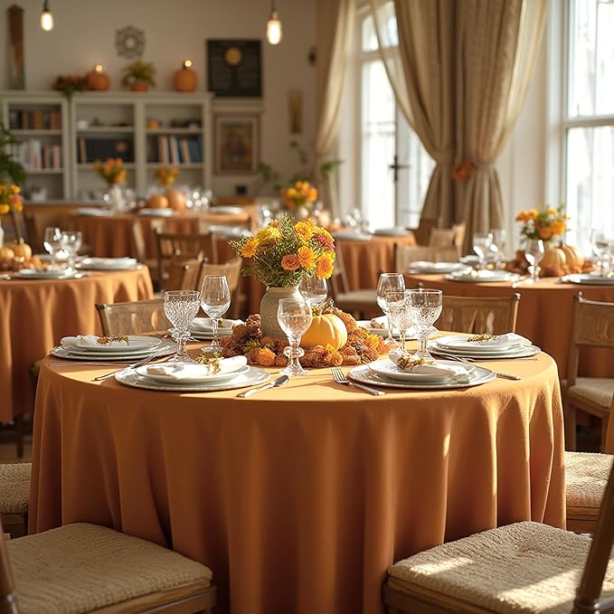 sancua Thanksgiving Round Tablecloth 90 Inch Diameter, 8 Pack Bronze, Circle Polyester Fabric Light Brown Fall Table Cloth Cover for Harvest Wedding Party Reception Banquet (Fit 30-72 Inch Tables)