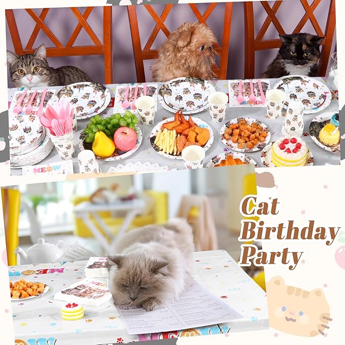 452 Pcs Cat Birthday Party Decorations for 50 Guests, Cat Paper Plates Napkins Cups Tablecloth Cutlery Straws Disposable Tableware Set for Kitten Lover Birthday Party Supplies
