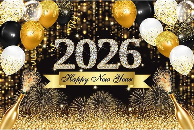 YongFoto 2026 Happy New Year Backdrop 15x10ft Gold Balloons Champagne Fireworks Photography Background Christmas Festival Carnival Family Party Banquet Decor Banner Photoshoot Wallpaper Photo Booth