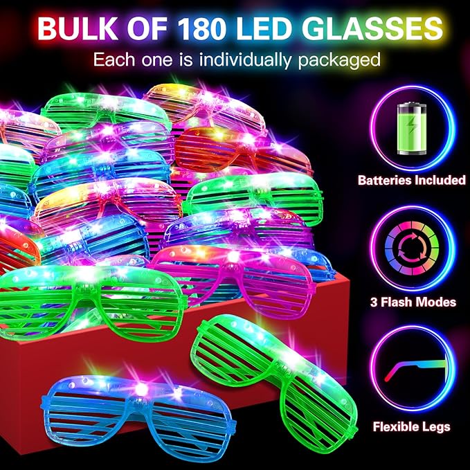 Valentines Day Gifts, 180 PCS New Year Light Up Glasses, Glow In The Dark Party Supplies, LED Glasses, Neon Flashing Glasses Bulk for Kids and Adults, Glow Glasses for Glow Party, Wedding, Birthday