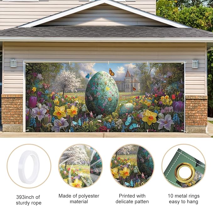 Floral Easter Egg Garden Garage Door Banner 7x16FT, Colorful Eggs & Spring Flowers Garage Door Cover, Outdoor Decoration for Easter & Spring
