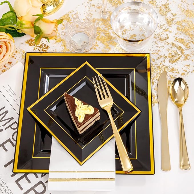 Festiva 350Pcs Black and Gold Plastic Plates-50Guests Disposable Square Black Dinnerware Set include 100 Plastic Plates,50Cups,150Plastic Cutlery,50Napkins for Party &Wedding&New Year