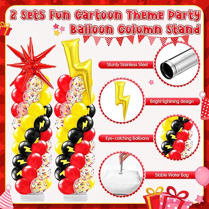 Kasyat 2 Set Cartoon Theme Balloon Column Stand Kit with Lightning Explosion Star Foil Balloons Black Red Yellow Arch Garland Kit for Cartoon Baby Shower Birthday Party Supplies