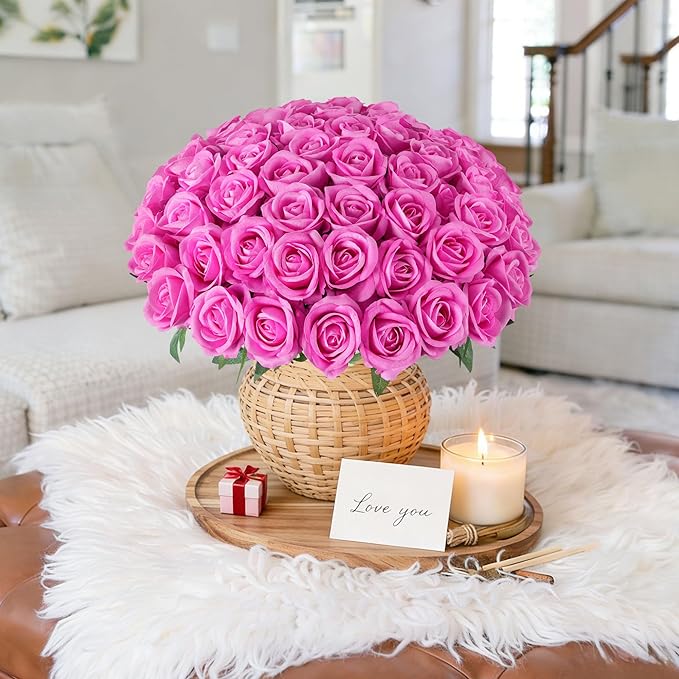 50 PCS Roses Artificial Flowers, Fake Roses with Stem Realistic Hot Pink Silk Rose for DIY Wedding Bouquets Table Centerpieces Arrangements Baby Shower Birthday Home Decor Valentine's Day Gift for Her
