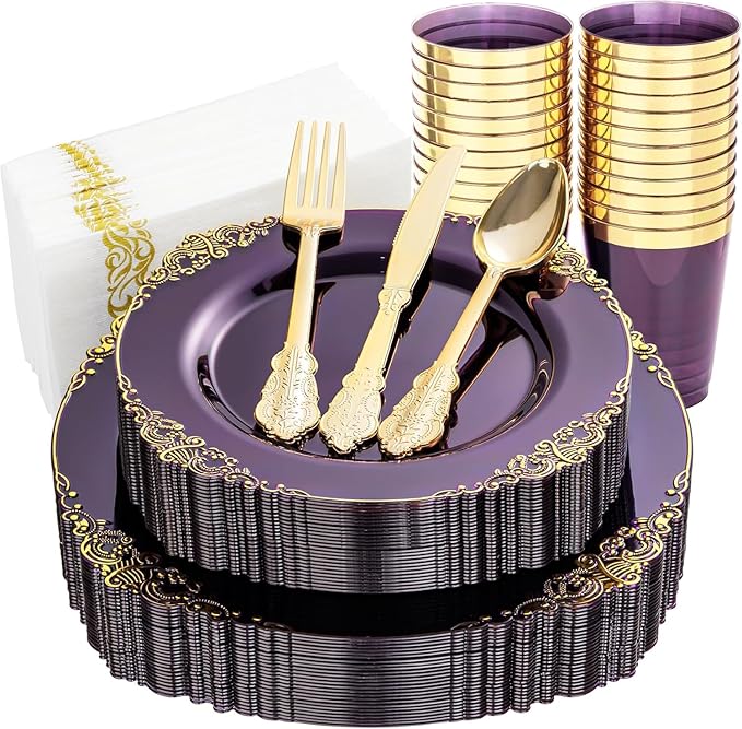 Nervure 175PCS Clear Purple Plastic Plates - Purple Party Plates Set for 25 Guests Include 25Dinner Plate, 25Dessert Plate, 25Cups, 75 Cutlery, 25Napkins Perfect for Wedding, Party & Bridal