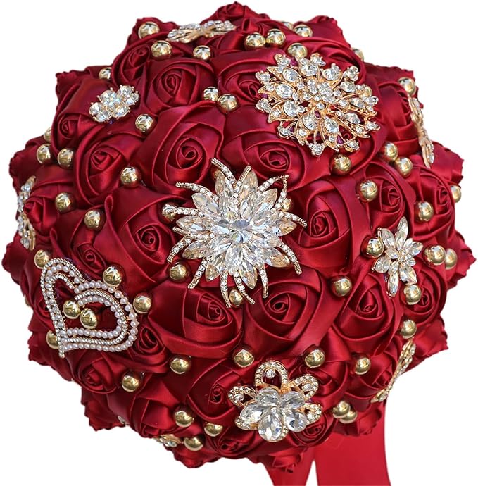 Bridal Wedding Bouquet for Bride Bridesmaid Wedding Quinceanera Throw Toss Artificial Rose Flower Bunch with Bling Brooch (07G#Wine red, Mini (Dia. 6.3"/16cm))